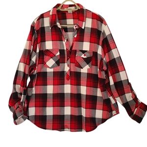 Love Potion Plaid 1/2 Button-Up Top Red and Black Long Sleeve. Size 2X